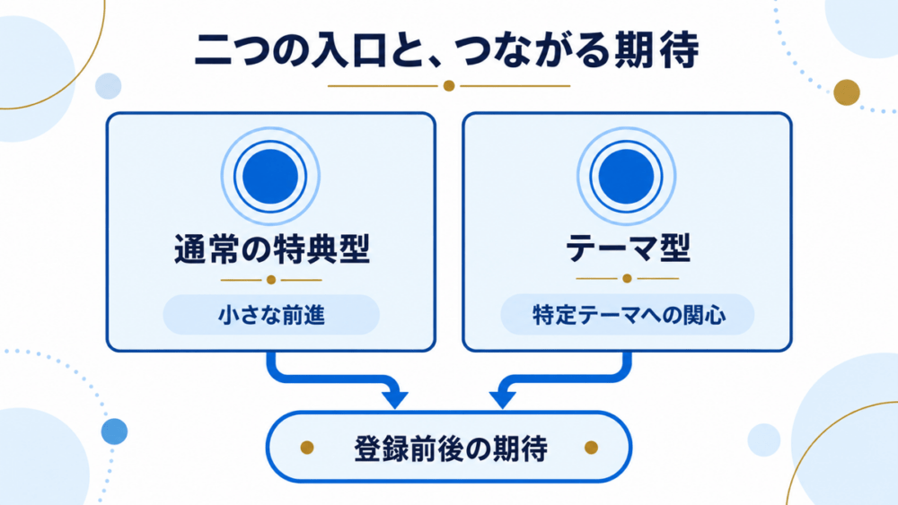 通常の特典型は小さな前進、テーマ型は特定テーマへの関心を入口とし、どちらも登録前後の期待へつながる並列関係を示す図。
