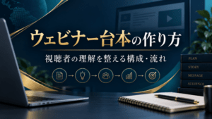 ウェビナー台本を、目的、期待値、説明、参加方法、質問、次の案内の六つの役割から整える図。