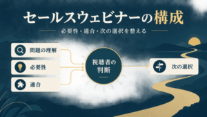 問題の理解、必要性、適合を確かめて次の選択へ進むセールスウェビナーの構成図。