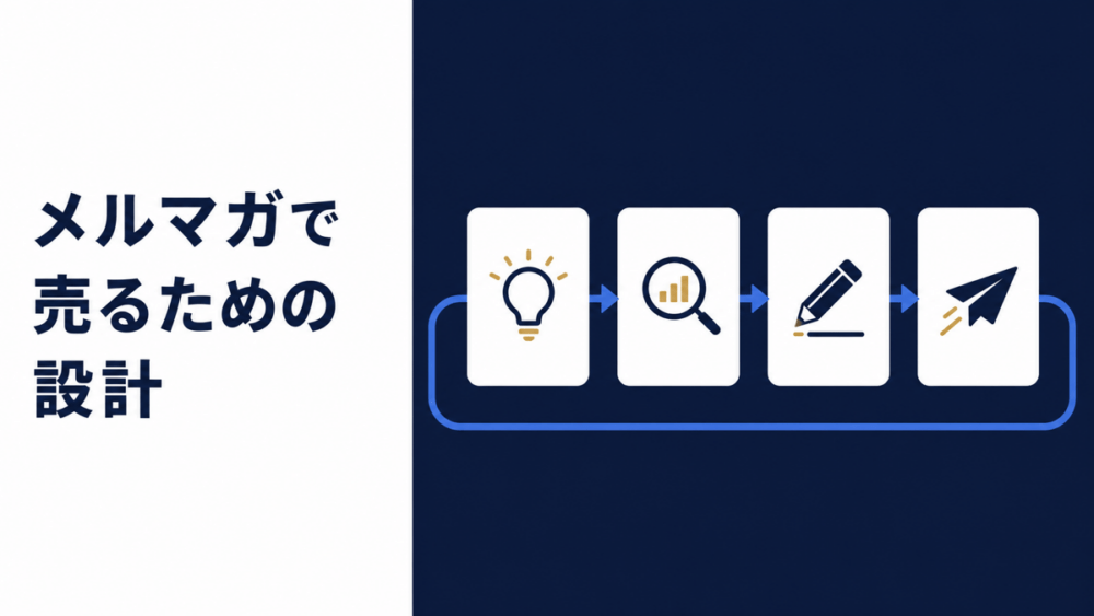 メルマガで売るための設計という文字と、理解から販売行動へ続く四つのカードを青い矢印で結んだ継続配信の構造図。