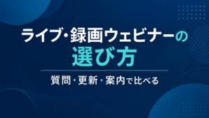 ライブ、録画、自動、エバーグリーンのウェビナーを、質問、参加ルール、更新、案内の条件で比べる図。